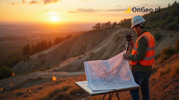 Grafika przedstawiająca geodetę mierzącego ukształtowanie terenu wraz z mapą.